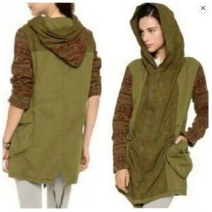 Free People Mixed Media Tapestry Hooded Parka Jacket Coat Tribal Print Anorak